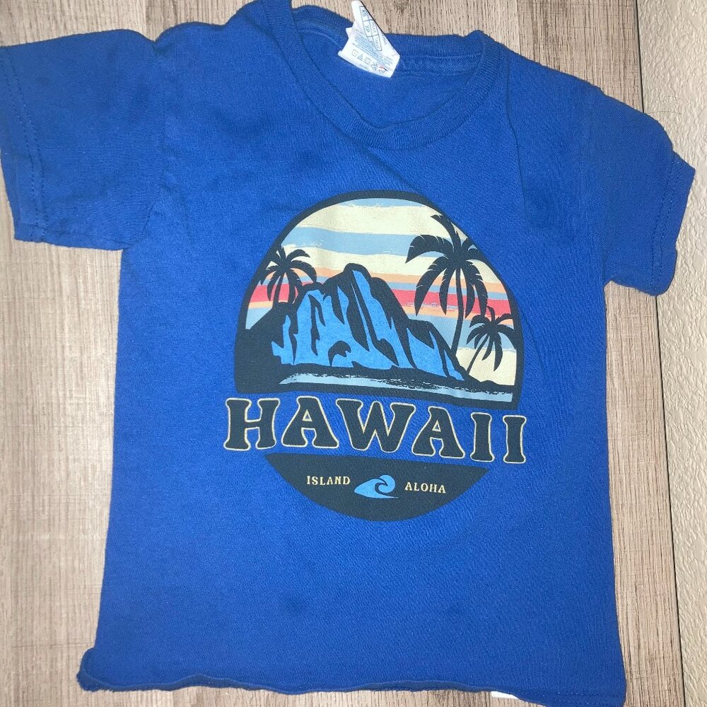 Hawaii Souvenir T Shirt Youth Xtra Small Blue Delta Mountain Sunset Palm Trees